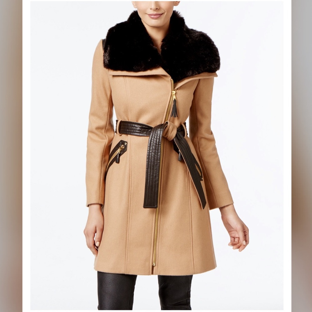 Via Spiga Asymmetric Zip Coat w/ Faux Fur Collar